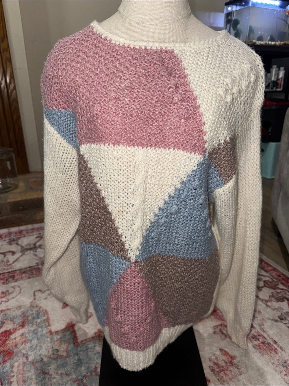 Cream Colorblock Patchwork Knit Sweater with Pink, Blue, and Brown Panels